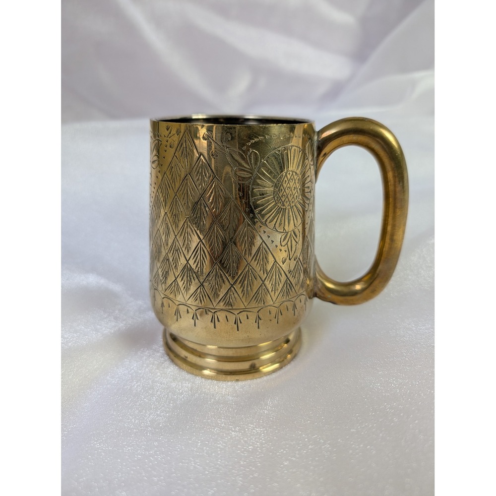 Vintage Brass Tankard Mug Engraved Floral & Diamond Pattern Handle Barware